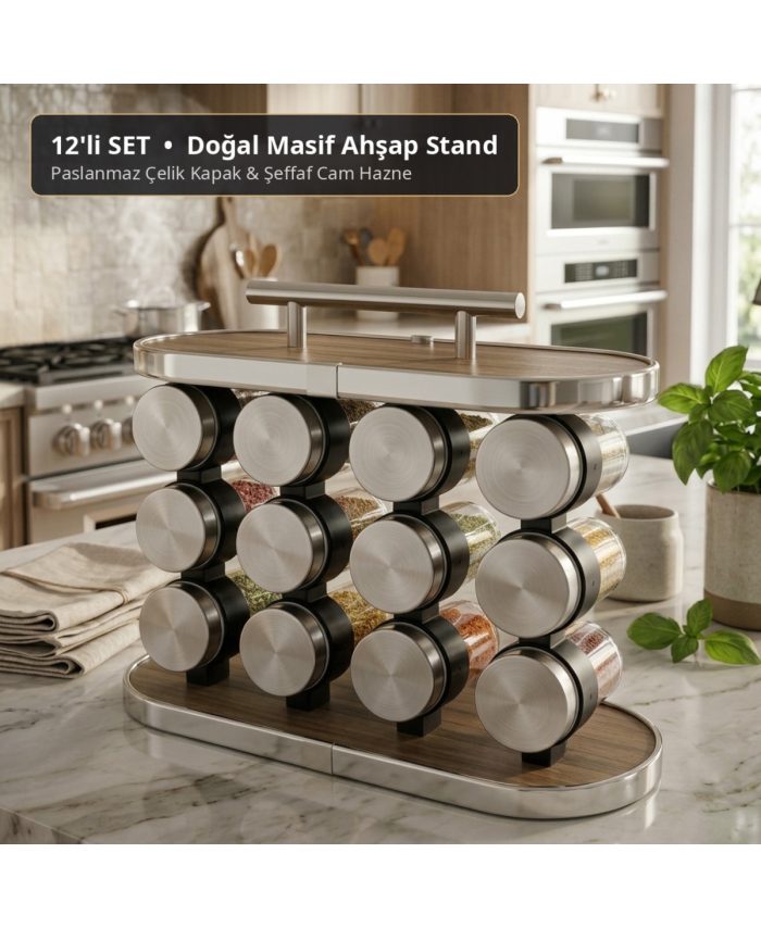 DS HOME Ahşap Standlı Paslanmaz Çelik 12'li Baharat Takımı - Baharatlık Seti Tezgah Üstü Organizer