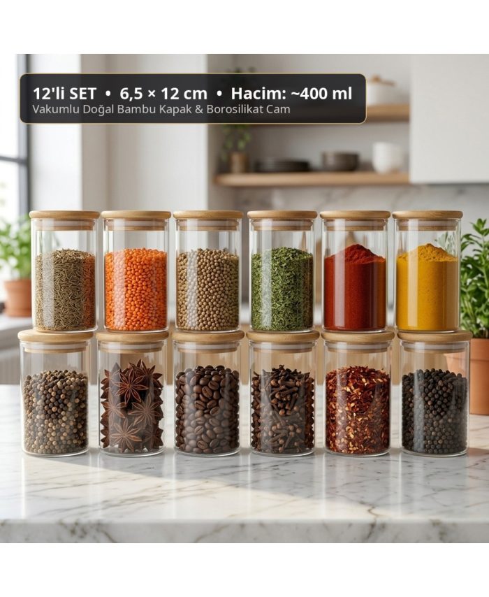 DS HOME 12'li Bambu Kapaklı Borosilikat Cam Kavanoz Seti (6.5x12 cm) - Vakumlu Sızdırmaz Baharatlık ve Erzak Saklama Kabı