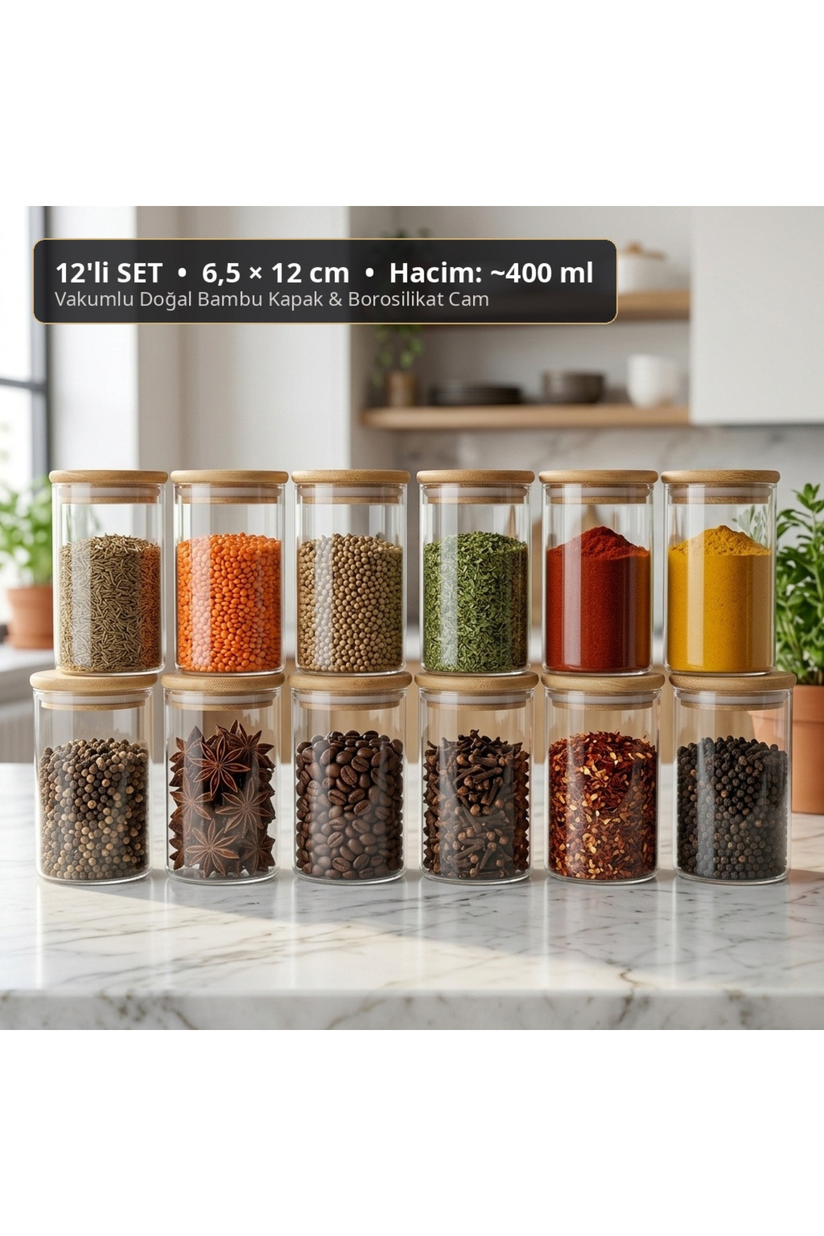 DS HOME 12'li Bambu Kapaklı Borosilikat Cam Kavanoz Seti (6.5x12 cm) - Vakumlu Sızdırmaz Baharatlık ve Erzak Saklama Kabı