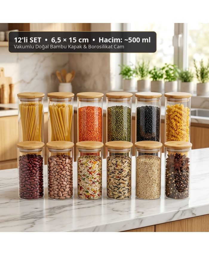 DS HOME 12'li Bambu Kapaklı Borosilikat Cam Kavanoz Seti (6.5x15 cm) - Vakumlu Sızdırmaz Erzak ve Saklama Kabı