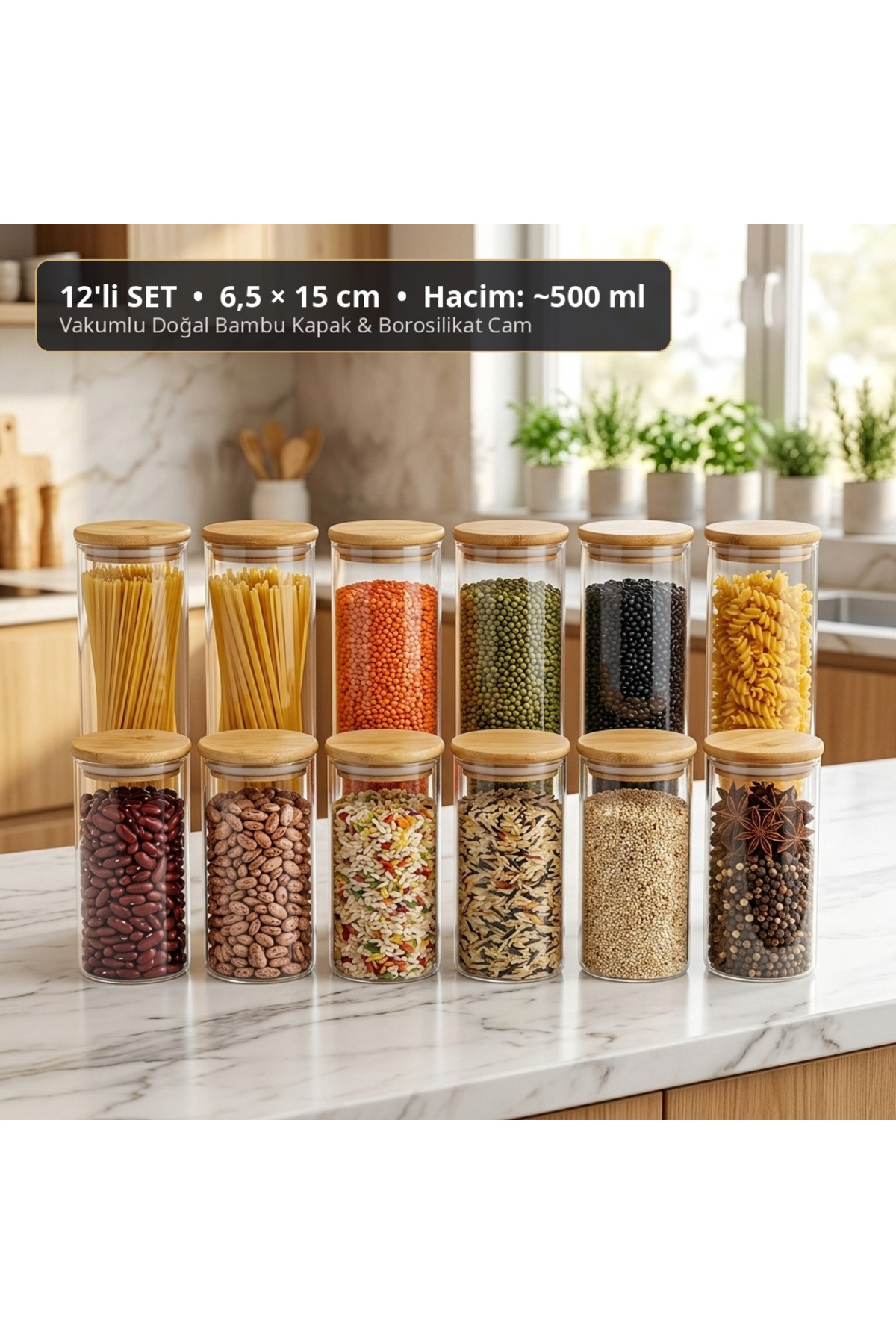 DS HOME 12'li Bambu Kapaklı Borosilikat Cam Kavanoz Seti (6.5x15 cm) - Vakumlu Sızdırmaz Erzak ve Saklama Kabı